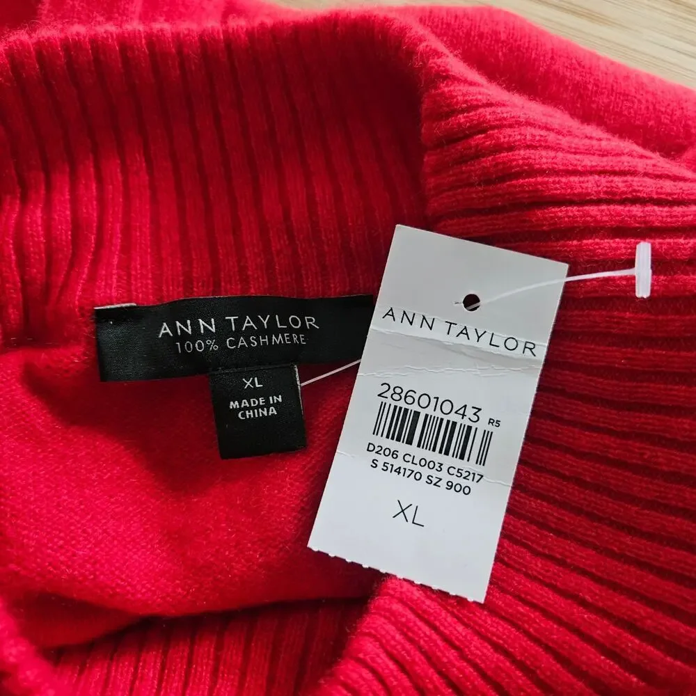 NWT Women's Ann Taylor Red Cashmere Mock Turtleneck Sweater Balloon Sleeves XL